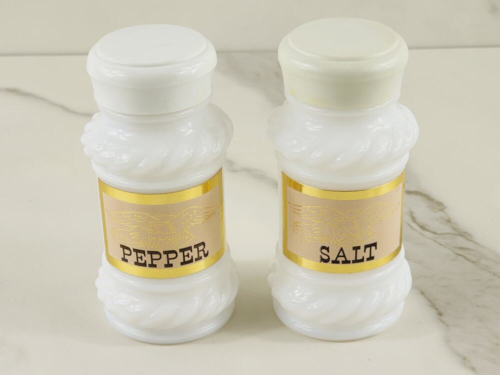 Salt & Pepper Shakers 3 3/4" New Milk Glass White 80s Gold Label Vintage